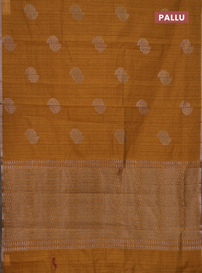 Banarasi semi matka saree dark mustard with woven buttas and zari woven piping border