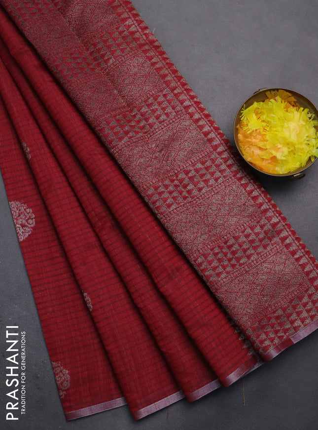 Banarasi semi matka saree maroon with woven buttas and zari woven piping border