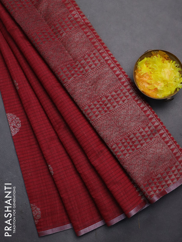 Banarasi semi matka saree maroon with woven buttas and zari woven piping border