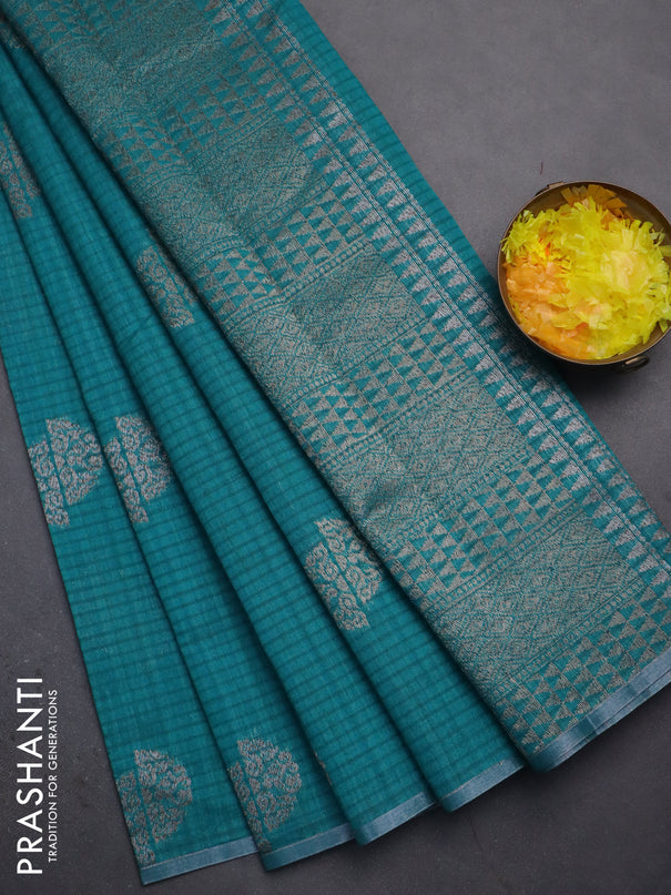 Banarasi semi matka saree teal green with woven buttas and zari woven piping border