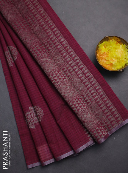 Banarasi semi matka saree wine shade with woven buttas and zari woven piping border