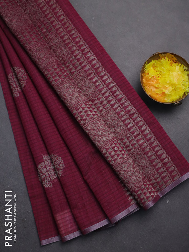 Banarasi semi matka saree wine shade with woven buttas and zari woven piping border