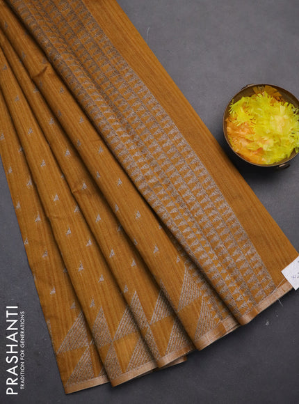 Banarasi semi matka saree dark mustard with allover zari woven geometric buttas and woven border