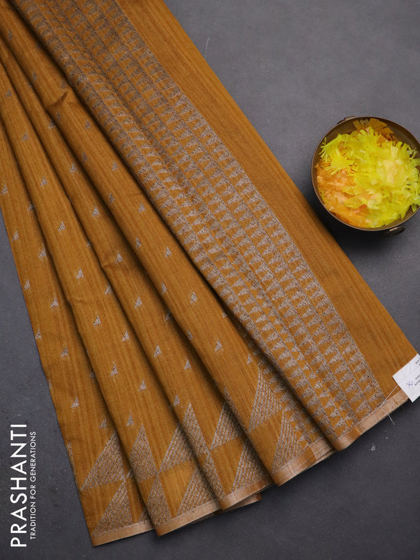 Banarasi semi matka saree dark mustard with allover zari woven geometric buttas and woven border