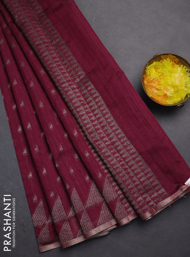 Banarasi semi matka saree wine shade with allover zari woven geometric buttas and woven border