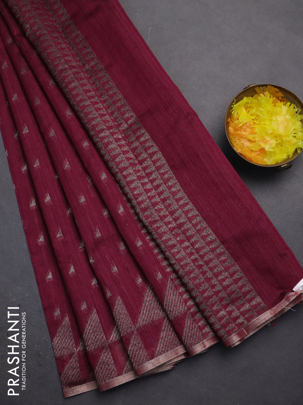 Banarasi semi matka saree wine shade with allover zari woven geometric buttas and woven border
