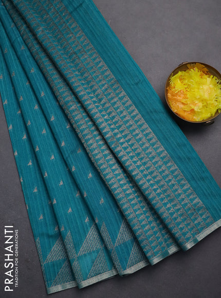 Banarasi semi matka saree teal green shade with allover zari woven geometric buttas and woven border