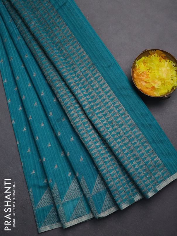 Banarasi semi matka saree teal green shade with allover zari woven geometric buttas and woven border