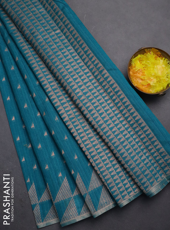 Banarasi semi matka saree teal green shade with allover zari woven geometric buttas and woven border