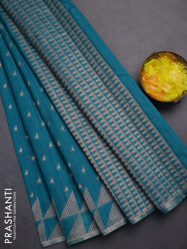 Banarasi semi matka saree teal green shade with allover zari woven geometric buttas and woven border