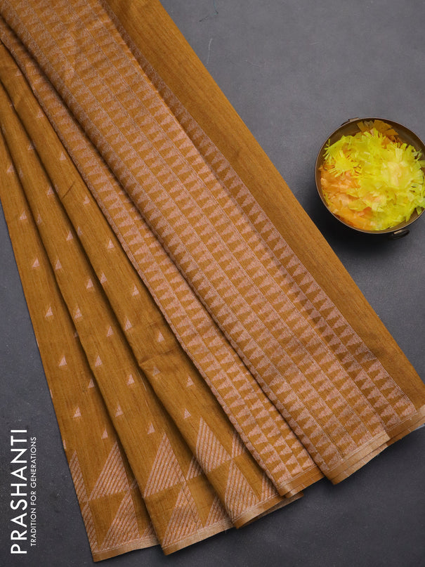 Banarasi semi matka saree dark mustard with allover zari woven geometric buttas and woven border