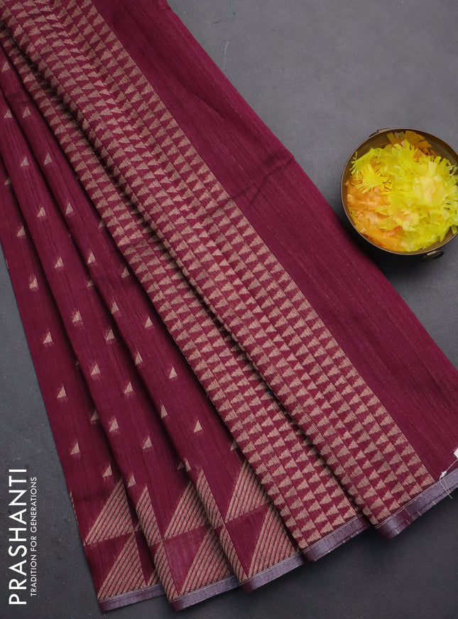 Banarasi semi matka saree wine shade with allover zari woven geometric buttas and woven border