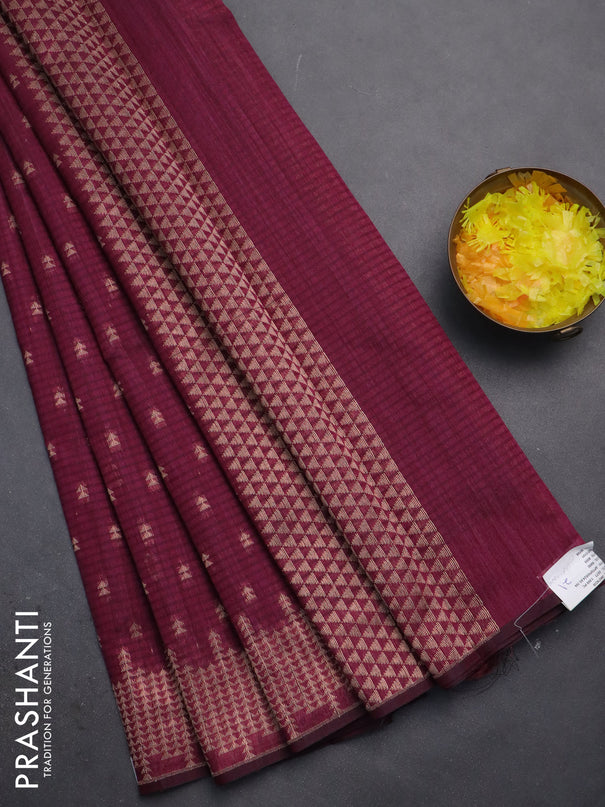 Banarasi semi matka saree wine shade with allover zari woven geometric buttas and zari woven border