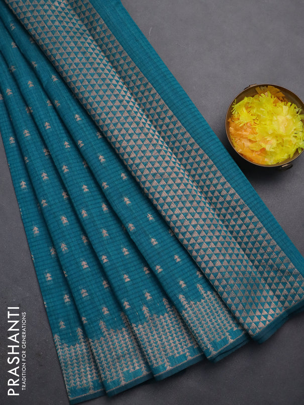 Banarasi semi matka saree teal green shade with allover zari woven geometric buttas and zari woven border