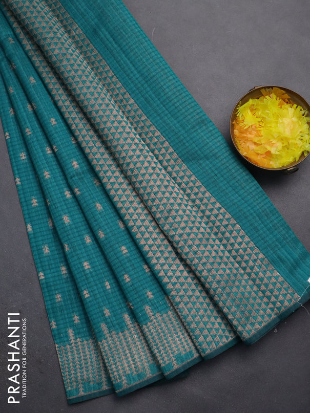 Banarasi semi matka saree teal green with allover zari woven geometric buttas and zari woven border