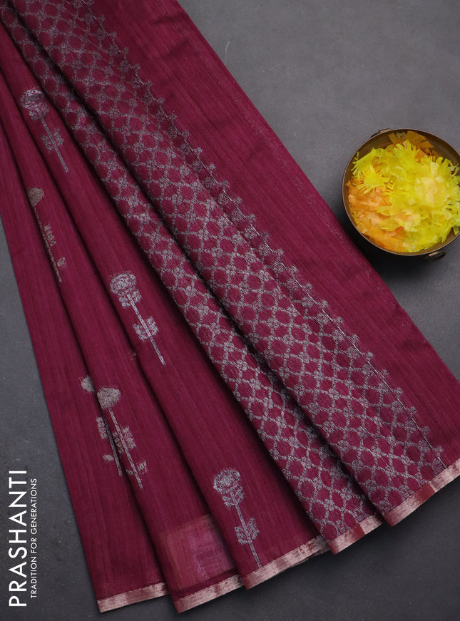 Banarasi semi matka saree wine shade with woven buttas and zari woven piping border
