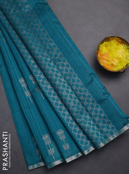 Banarasi semi matka saree teal blue shade with woven buttas and zari woven piping border