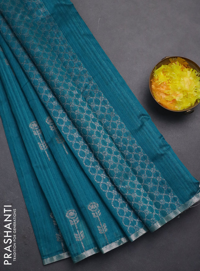 Banarasi semi matka saree teal blue shade with woven buttas and zari woven piping border