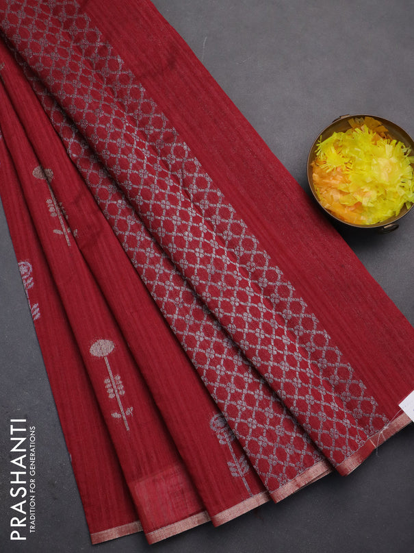 Banarasi semi matka saree maroon with woven buttas and zari woven piping border