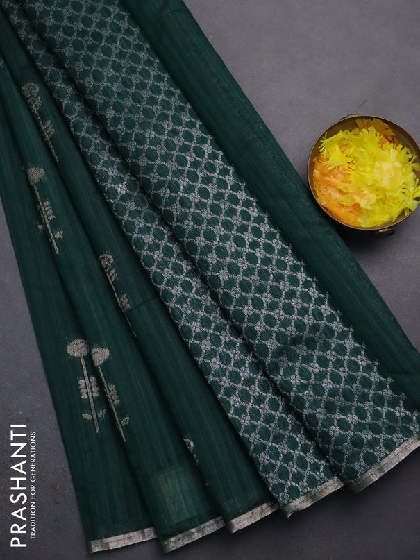 Banarasi semi matka saree dark green with woven buttas and zari woven piping border