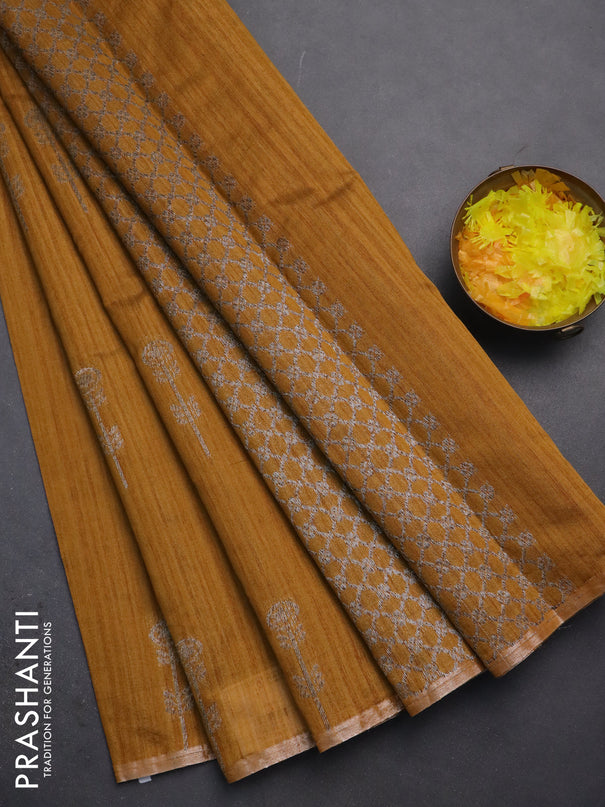 Banarasi semi matka saree dark mustard with woven buttas and zari woven piping border