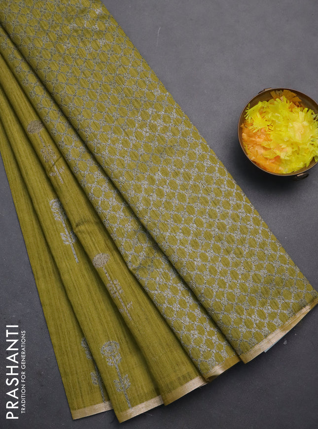 Banarasi semi matka saree mustard green with woven buttas and zari woven piping border