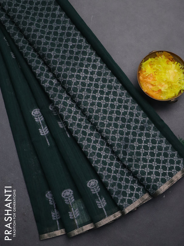 Banarasi semi matka saree bottle green with woven buttas and zari woven piping border