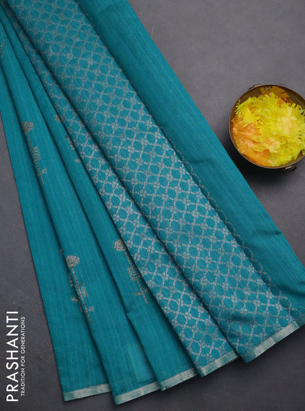 Banarasi semi matka saree teal green with woven buttas and zari woven piping border