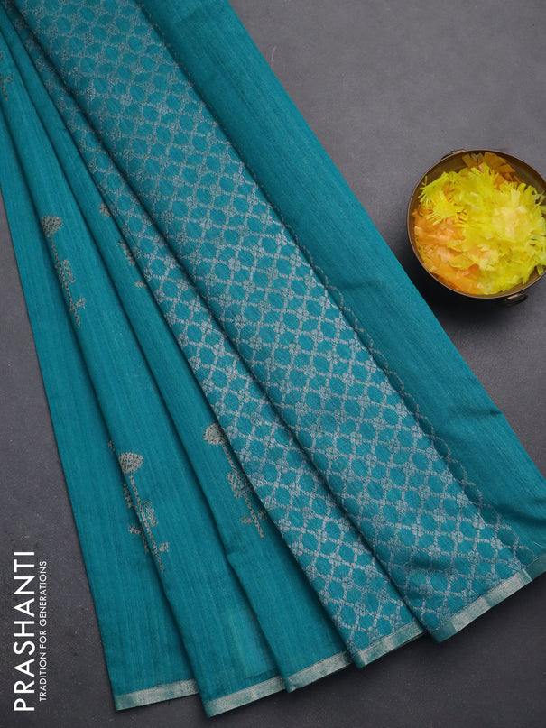 Banarasi semi matka saree teal green with woven buttas and zari woven piping border