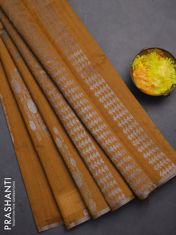 Banarasi semi matka saree dark mustard with thread & silver zari woven buttas and zari woven piping border