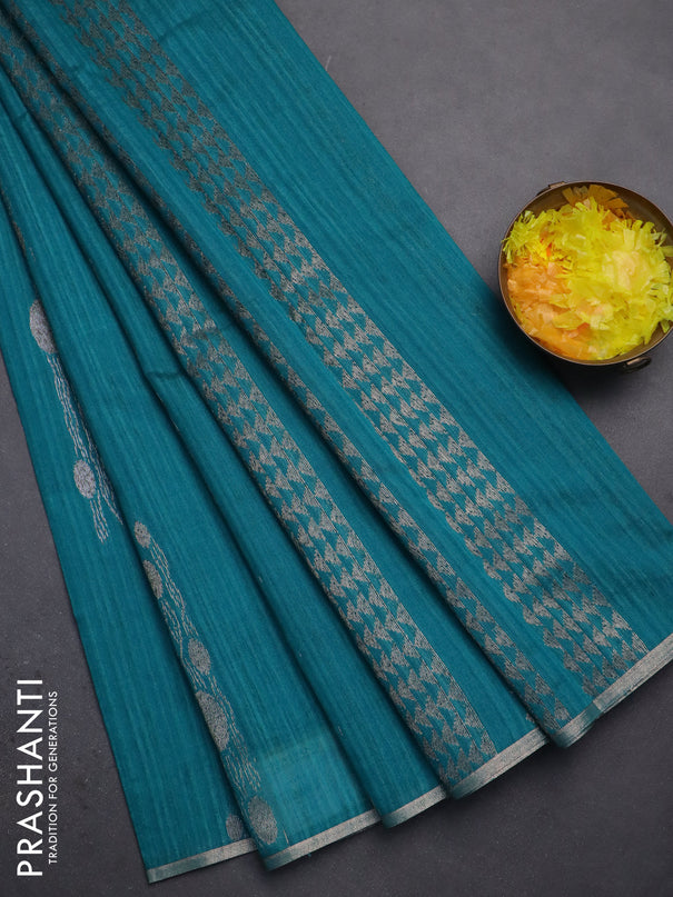 Banarasi semi matka saree teal green with thread & silver zari woven buttas and zari woven piping border