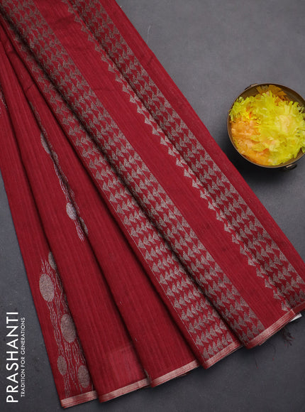 Banarasi semi matka saree maroon with thread & silver zari woven buttas and zari woven piping border
