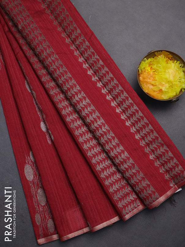 Banarasi semi matka saree maroon with thread & silver zari woven buttas and zari woven piping border