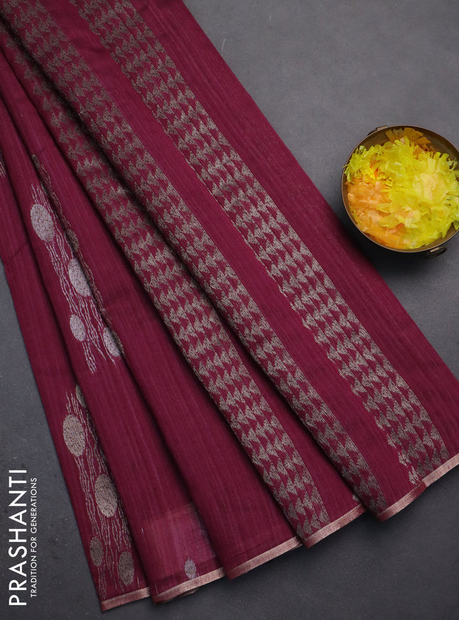 Banarasi semi matka saree wine shade with thread & silver zari woven buttas and zari woven piping border