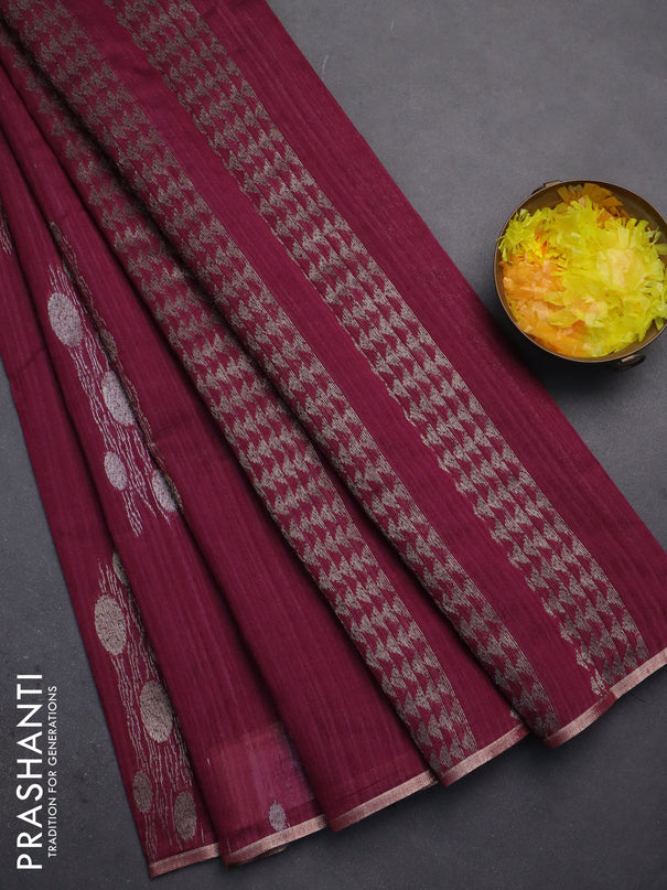 Banarasi semi matka saree wine shade with thread & silver zari woven buttas and zari woven piping border