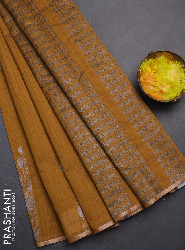 Banarasi semi matka saree dark mustard with thread & silver zari woven buttas and zari woven piping border