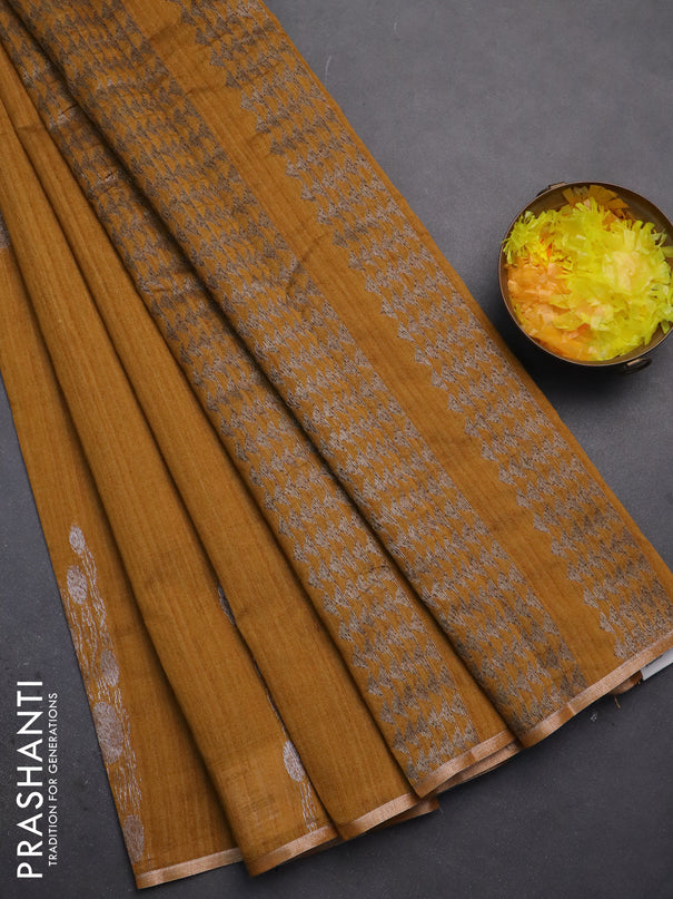 Banarasi semi matka saree dark mustard with thread & silver zari woven buttas and zari woven piping border