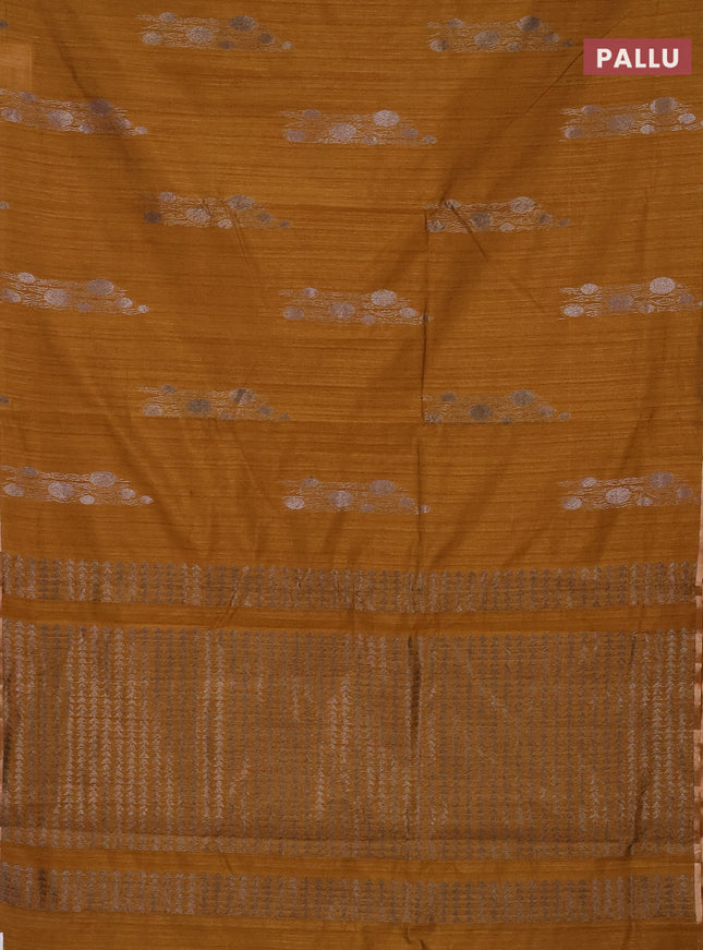 Banarasi semi matka saree dark mustard with thread & silver zari woven buttas and zari woven piping border