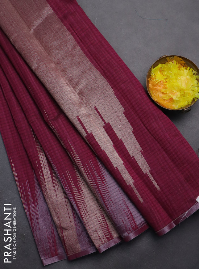 Banarasi semi matka saree wine shade with plain body and temple design zari woven border