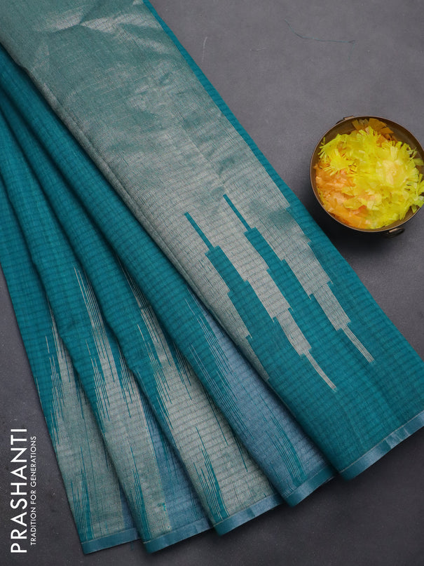 Banarasi semi matka saree teal green shade with plain body and temple design zari woven border