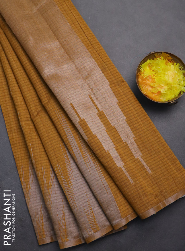 Banarasi semi matka saree dark mustard with plain body and temple design zari woven border