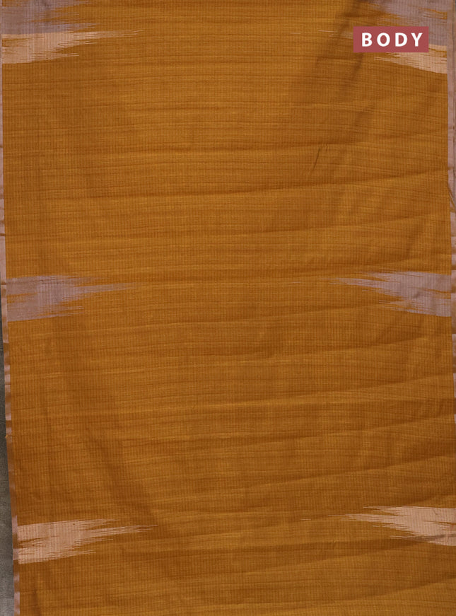 Banarasi semi matka saree dark mustard with plain body and temple design zari woven border