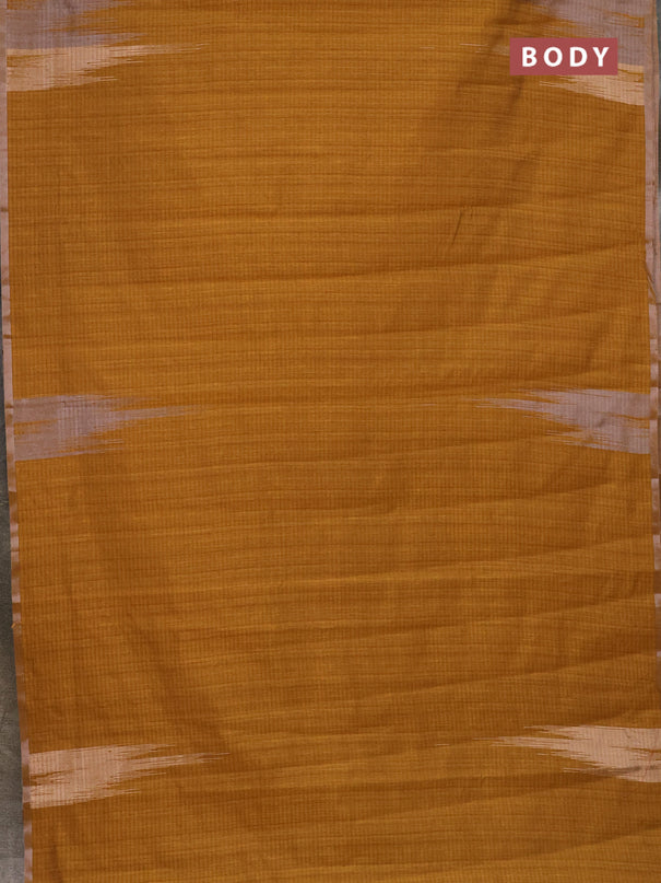 Banarasi semi matka saree dark mustard with plain body and temple design zari woven border