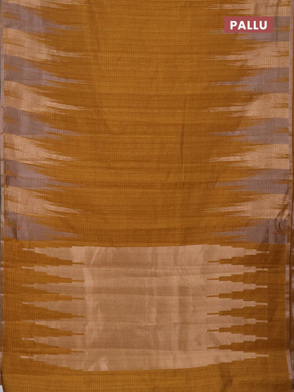 Banarasi semi matka saree dark mustard with plain body and temple design zari woven border
