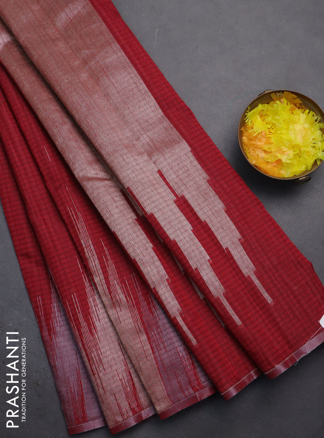 Banarasi semi matka saree maroon with plain body and temple design zari woven border