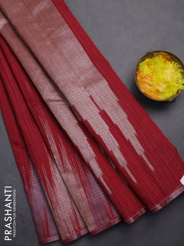 Banarasi semi matka saree maroon with plain body and temple design zari woven border