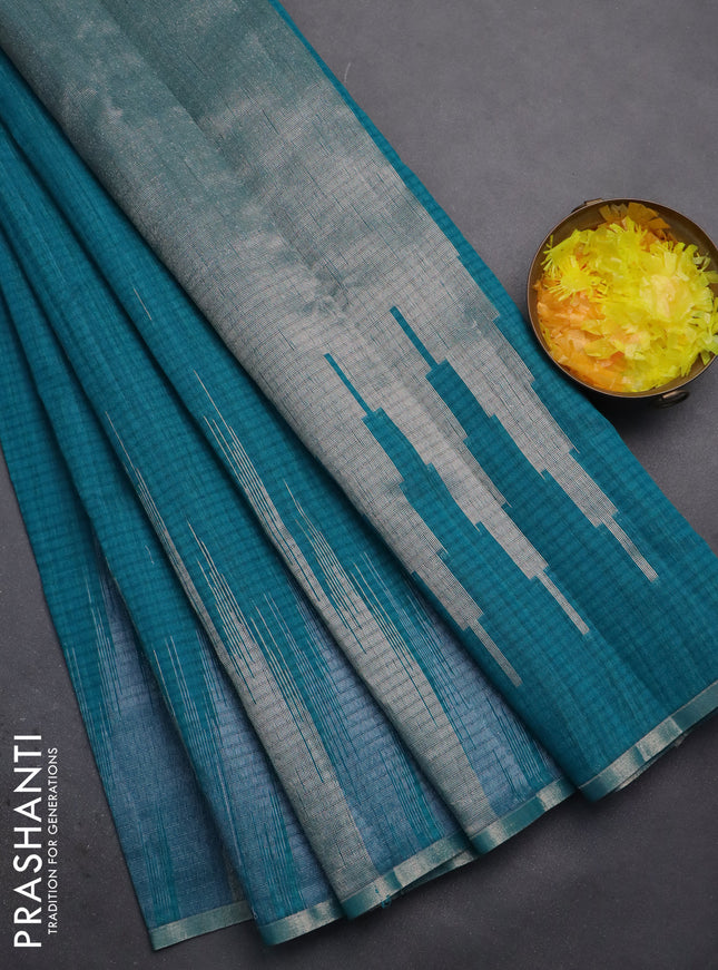 Banarasi semi matka saree teal green with plain body and temple design zari woven border