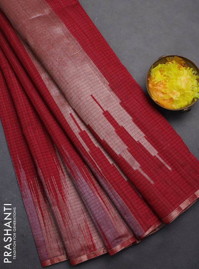 Banarasi semi matka saree maroon with plain body and temple design zari woven border