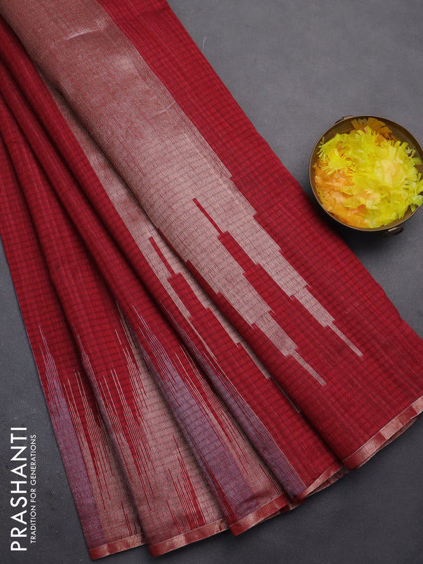 Banarasi semi matka saree maroon with plain body and temple design zari woven border
