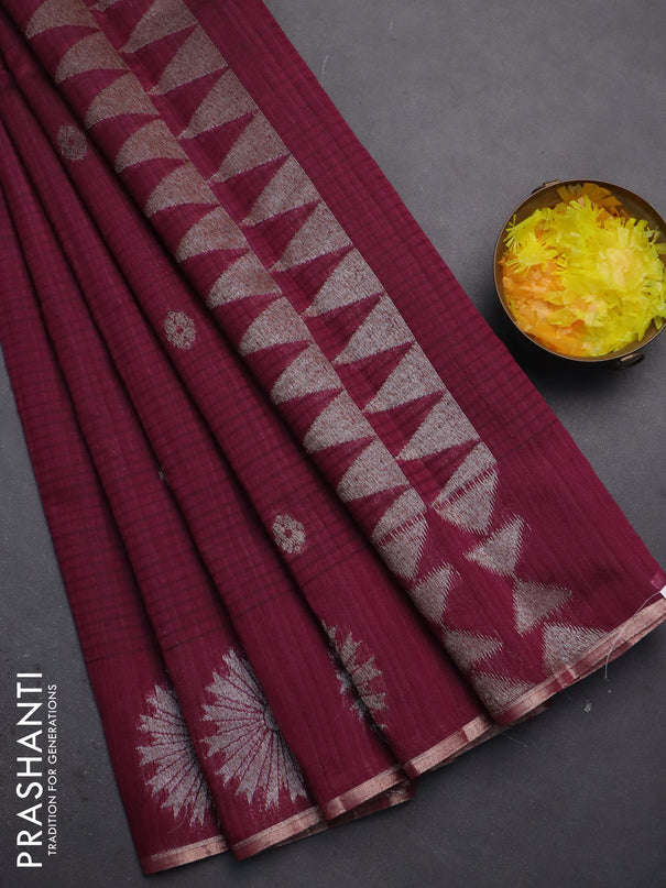 Banarasi semi matka saree wine shade with woven buttas and woven butta border
